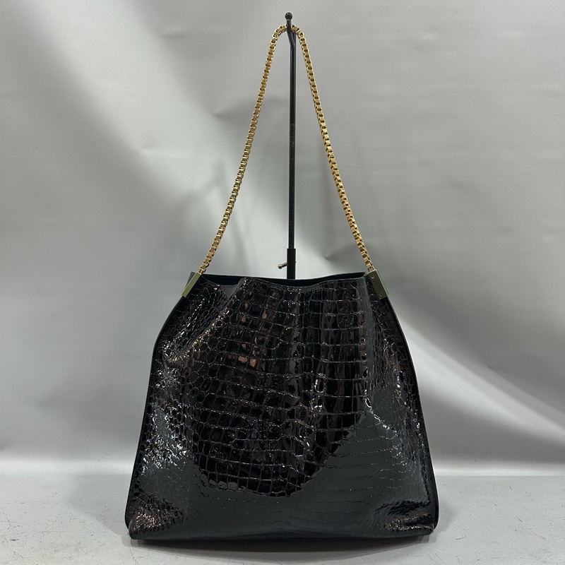 ysl 634804 黑色漆皮鱷魚紋金鏈 肩背包 booktote-0