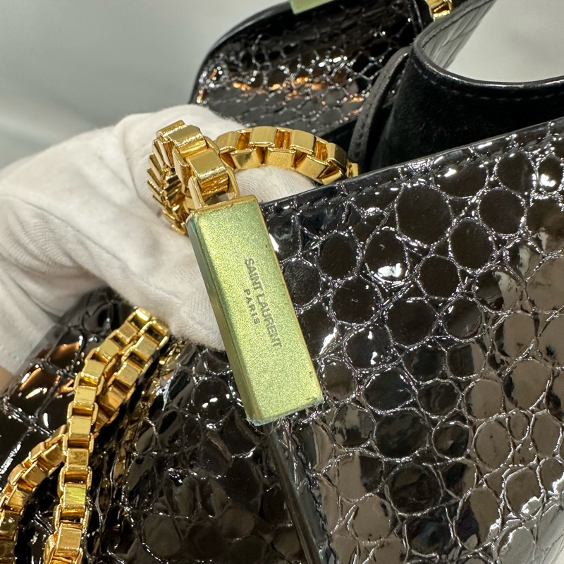 ysl 634804 黑色漆皮鱷魚紋金鏈 肩背包 booktote-5