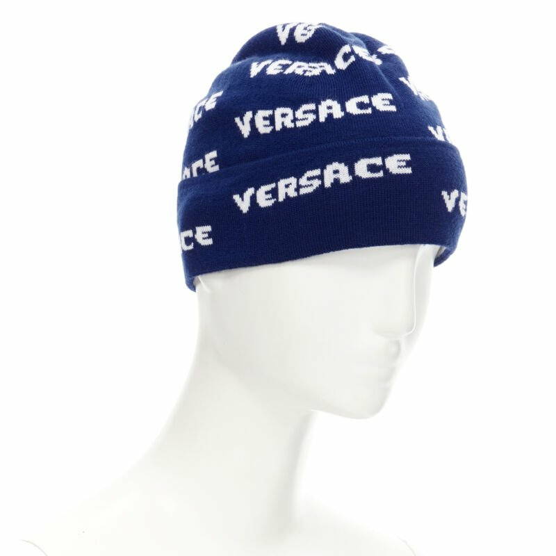 VERSACE 100% wool black white logo monogram beanie hat-2