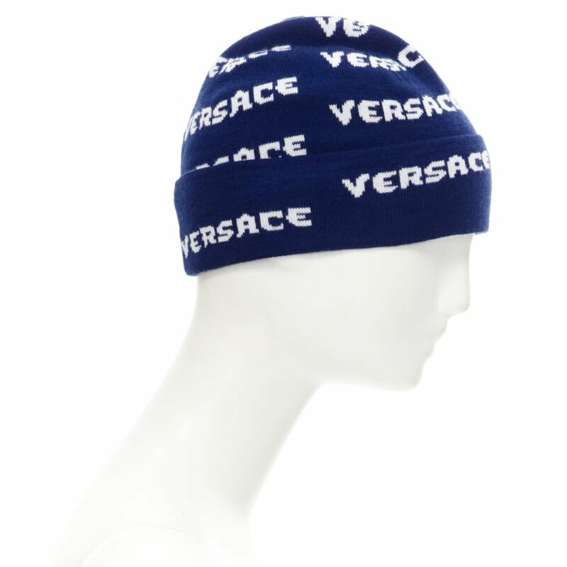 VERSACE 100% wool black white logo monogram beanie hat-3