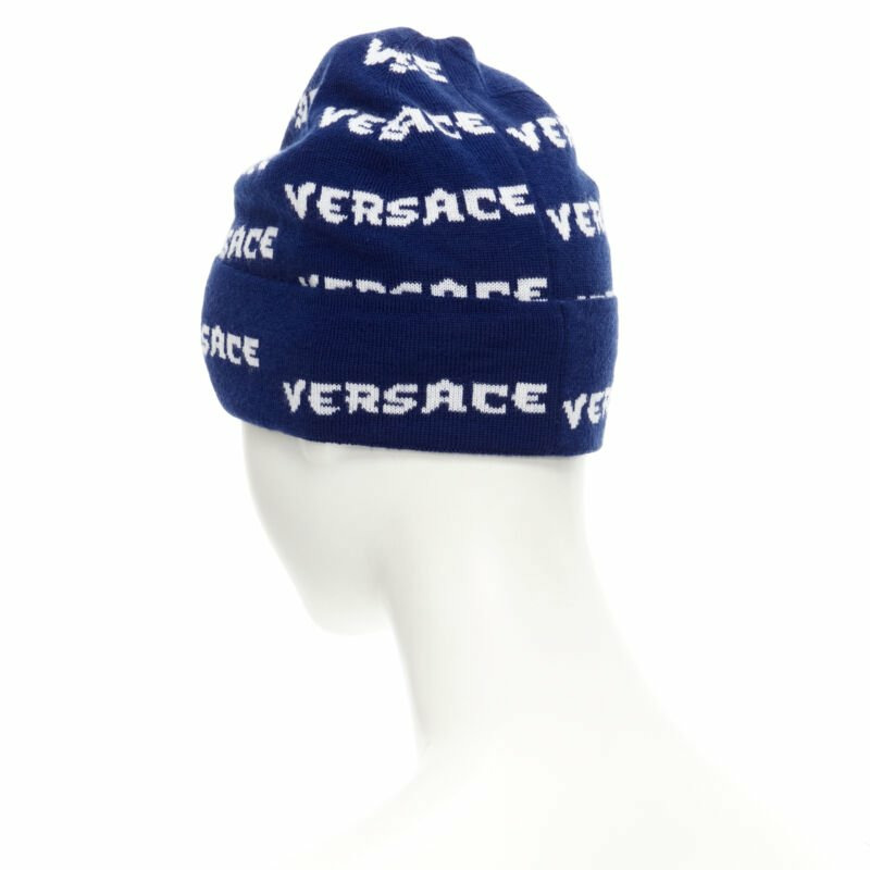 VERSACE 100% wool black white logo monogram beanie hat-5
