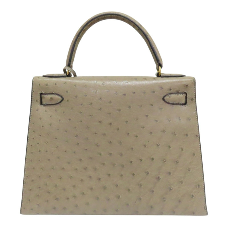 卡其色 鴕鳥皮 Kelly 28 凱莉包 兩用包 ○U刻 金扣【HERMES 愛馬仕】-1