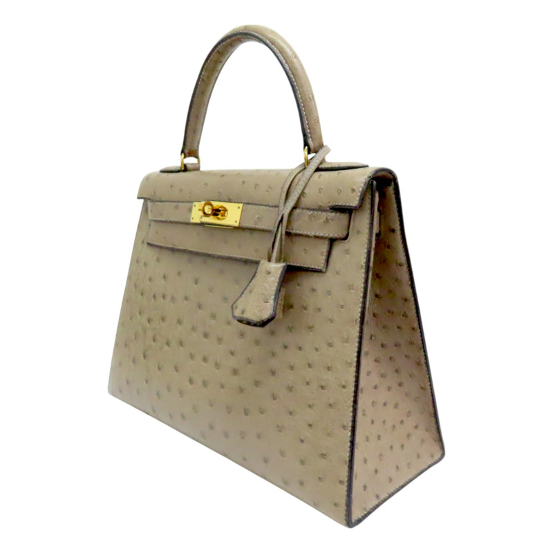卡其色 鴕鳥皮 Kelly 28 凱莉包 兩用包 ○U刻 金扣【HERMES 愛馬仕】-2