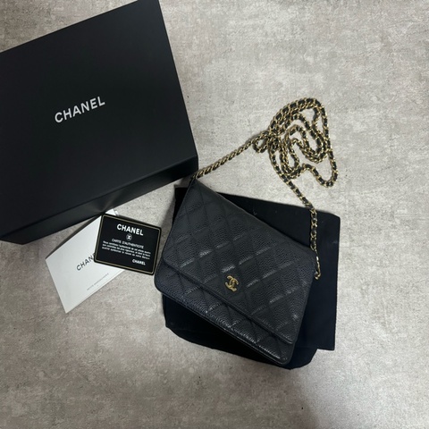 正品 Chanel woc經典黑金荔枝皮