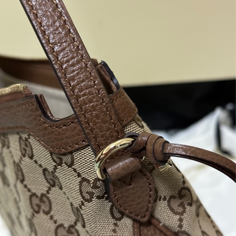 全新古馳經典雙G緹花皮飾邊單柄肩背包 附購買憑證-9