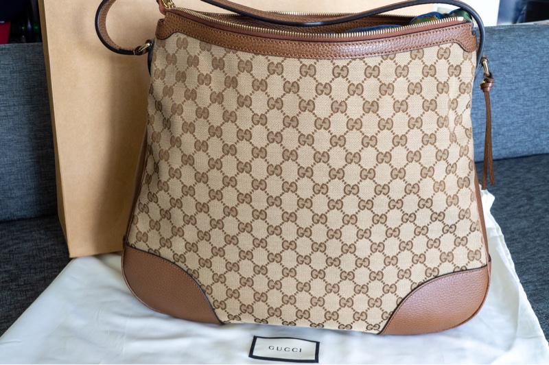 全新古馳經典雙G緹花皮飾邊單柄肩背包 附購買憑證-0