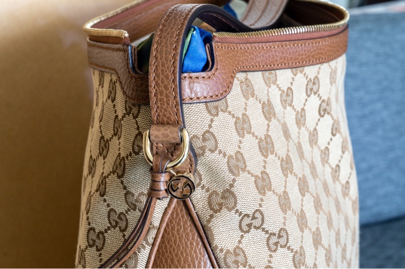 全新古馳經典雙G緹花皮飾邊單柄肩背包 附購買憑證-4