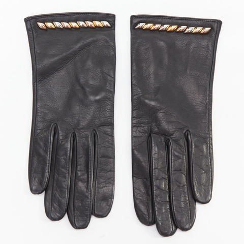 LOUIS VUITTON black leather gold silver trapeze stud short gloves