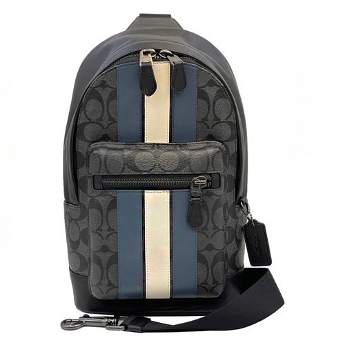 【全新】COACH 新款C LOGO前拉鏈男款單肩胸前斜背包(直紋黑灰)-0