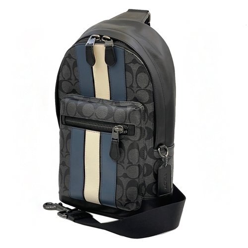 【全新】COACH 新款C LOGO前拉鏈男款單肩胸前斜背包(直紋黑灰)-1