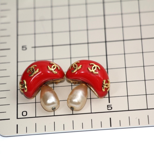 Chanel Vintage 91仿珍珠樹脂紅色蘑菇夾式耳環-10