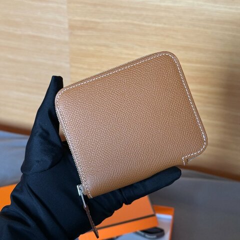 HERMES 經典 金棕色 綠色內裡 絲巾短夾 EPSOM 牛皮 拉鍊短夾