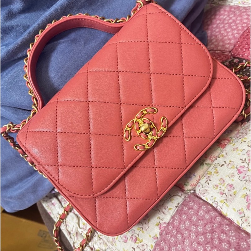 Chanel 19系列 粉色羊皮肩背 斜背兩用包-0