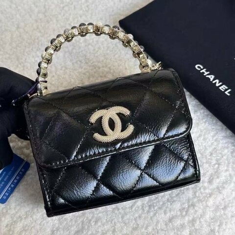 Chanel 24p黑金油蠟皮珍珠手柄小廢包mini woc 全新配件塵袋