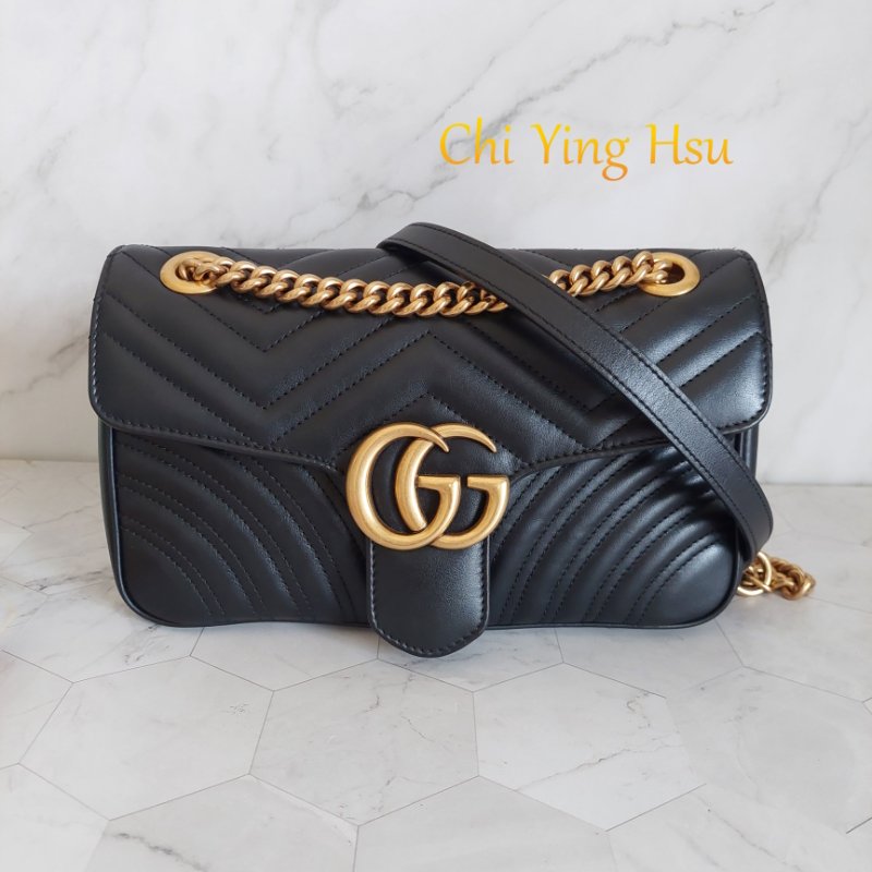 Gucci Marmont 🎀現品實拍 🎀仿舊金雙G皮革斜背/肩背包-26cm(443497-黑)~二手品約9.成新-0