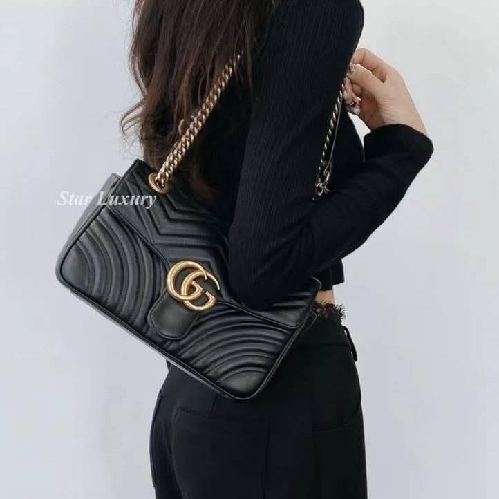 Gucci Marmont 🎀現品實拍 🎀仿舊金雙G皮革斜背/肩背包-26cm(443497-黑)~二手品約9.成新-9