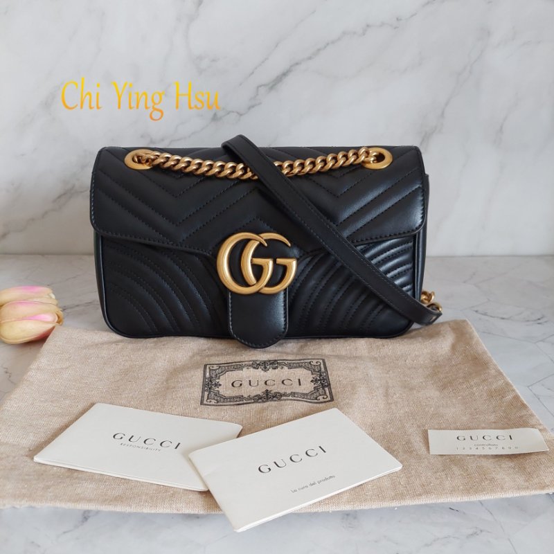 Gucci Marmont 🎀現品實拍 🎀仿舊金雙G皮革斜背/肩背包-26cm(443497-黑)~二手品約9.成新-11