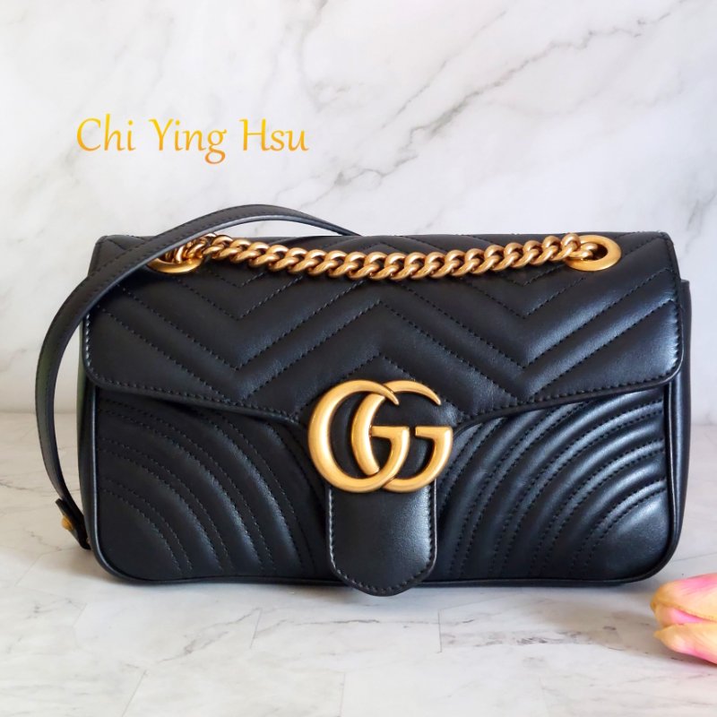 Gucci Marmont 🎀現品實拍 🎀仿舊金雙G皮革斜背/肩背包-26cm(443497-黑)~二手品約9.成新-13