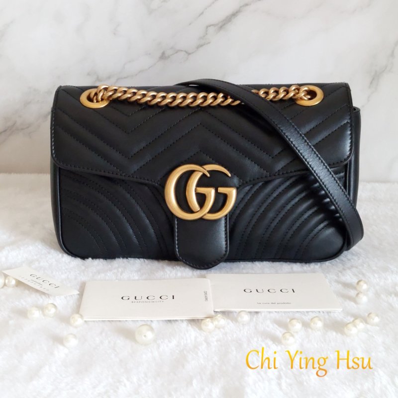 Gucci Marmont 🎀現品實拍 🎀仿舊金雙G皮革斜背/肩背包-26cm(443497-黑)~二手品約9.成新-14