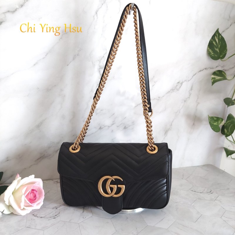 Gucci Marmont 🎀現品實拍 🎀仿舊金雙G皮革斜背/肩背包-26cm(443497-黑)~二手品約9.成新-19