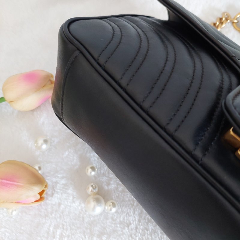 Gucci Marmont 🎀現品實拍 🎀仿舊金雙G皮革斜背/肩背包-26cm(443497-黑)~二手品約9.成新-37