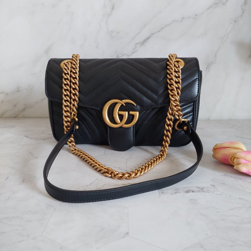 Gucci Marmont 🎀現品實拍 🎀仿舊金雙G皮革斜背/肩背包-26cm(443497-黑)~二手品約9.成新-38