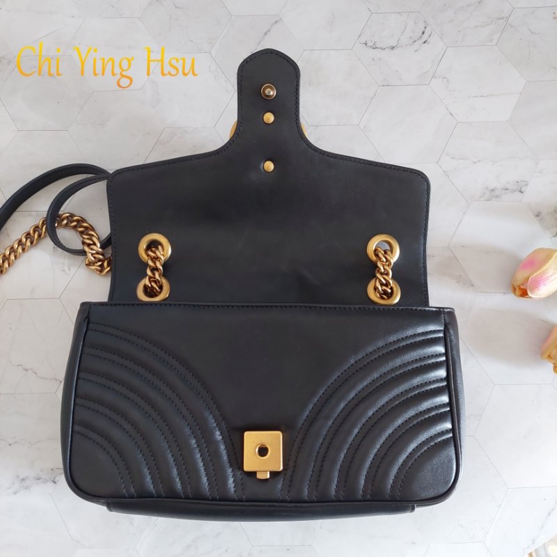 Gucci Marmont 🎀現品實拍 🎀仿舊金雙G皮革斜背/肩背包-26cm(443497-黑)~二手品約9.成新-49