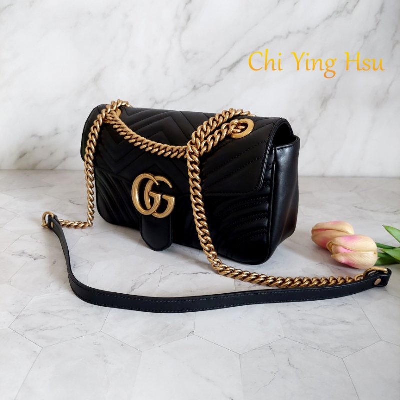 Gucci Marmont 🎀現品實拍 🎀仿舊金雙G皮革斜背/肩背包-26cm(443497-黑)~二手品約9.成新-55