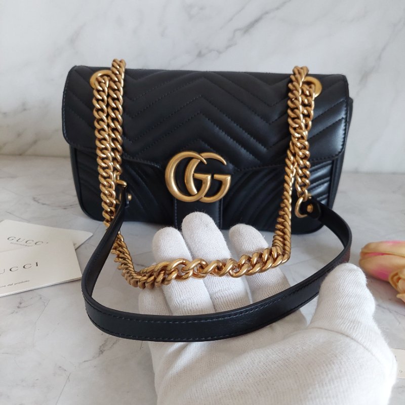 Gucci Marmont 🎀現品實拍 🎀仿舊金雙G皮革斜背/肩背包-26cm(443497-黑)~二手品約9.成新-59