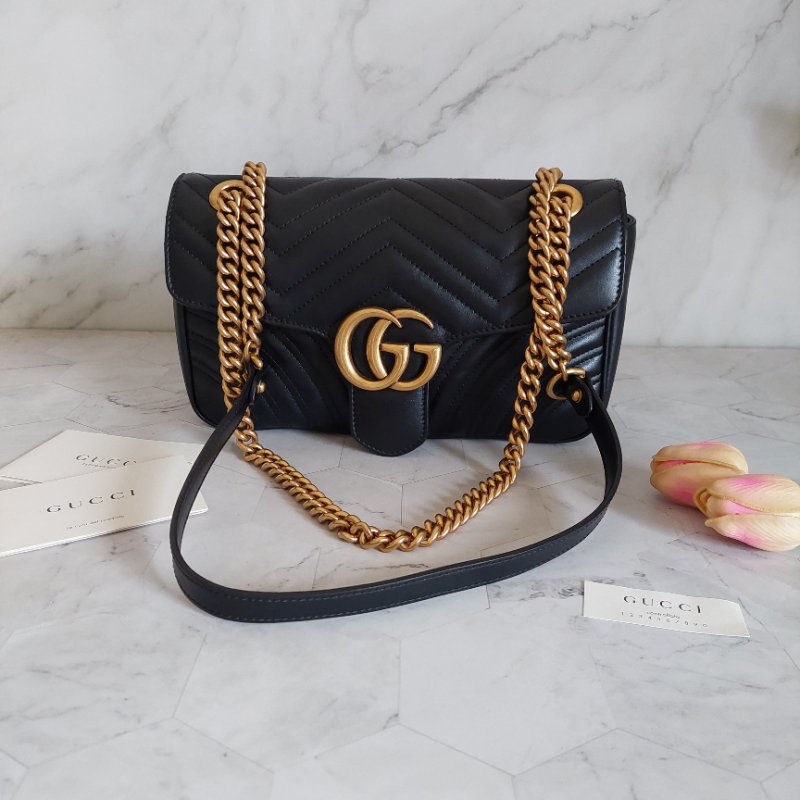 Gucci Marmont 🎀現品實拍 🎀仿舊金雙G皮革斜背/肩背包-26cm(443497-黑)~二手品約9.成新-60