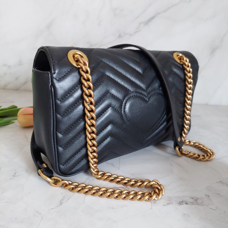 Gucci Marmont 🎀現品實拍 🎀仿舊金雙G皮革斜背/肩背包-26cm(443497-黑)~二手品約9.成新-61