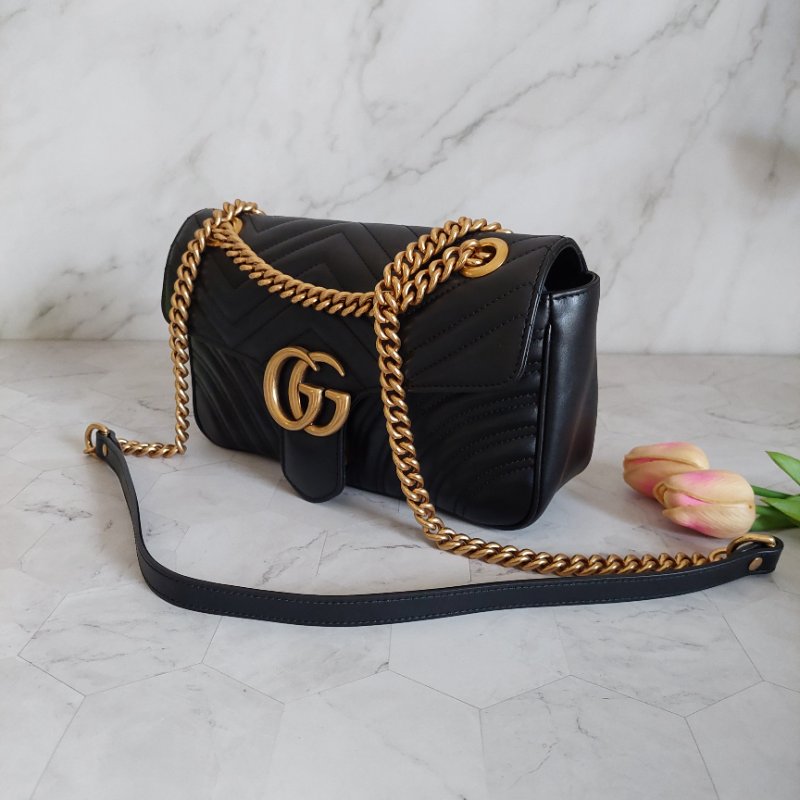 Gucci Marmont 🎀現品實拍 🎀仿舊金雙G皮革斜背/肩背包-26cm(443497-黑)~二手品約9.成新-66