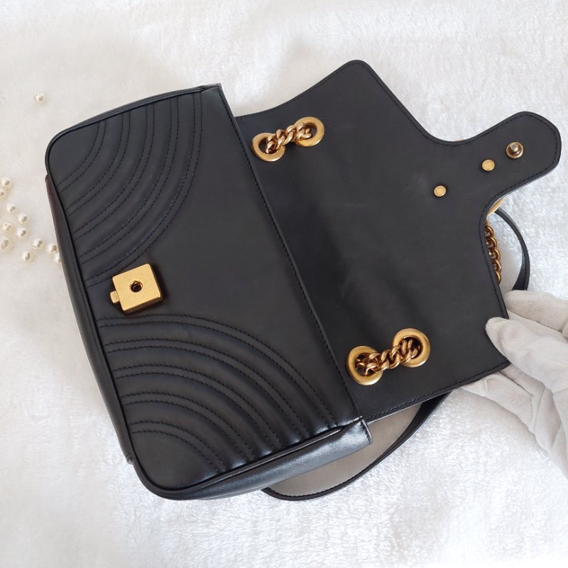 Gucci Marmont 🎀現品實拍 🎀仿舊金雙G皮革斜背/肩背包-26cm(443497-黑)~二手品約9.成新-80