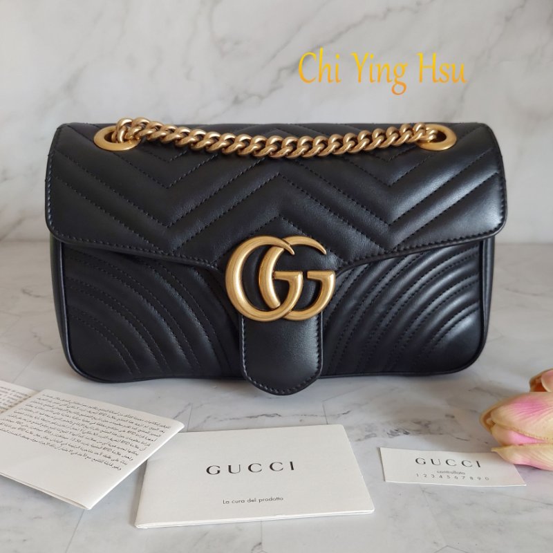 Gucci Marmont 🎀現品實拍 🎀仿舊金雙G皮革斜背/肩背包-26cm(443497-黑)~二手品約9.成新-2