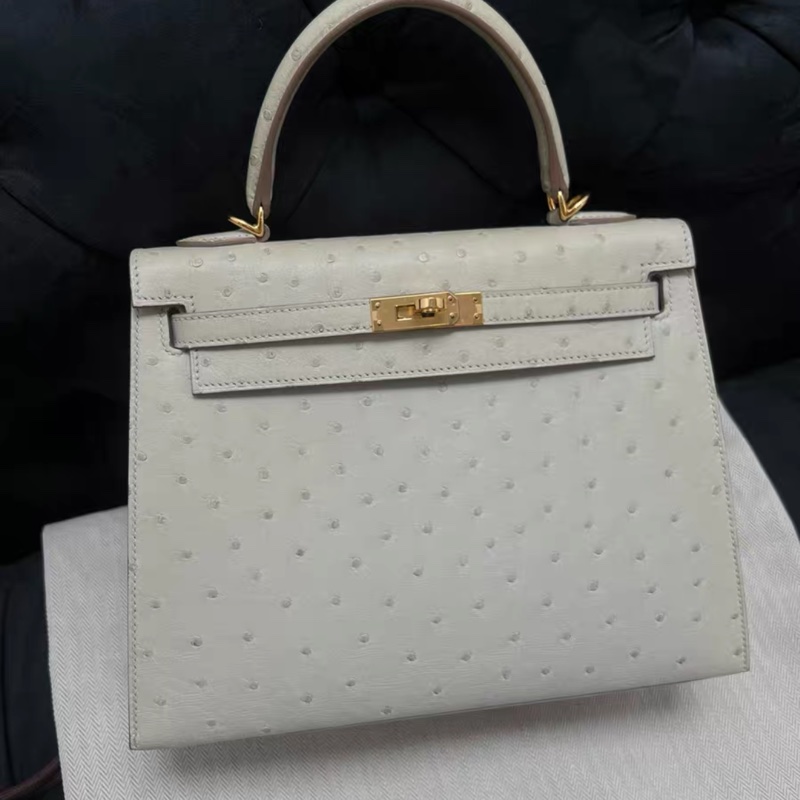 有購證 💓 愛馬仕kelly25 鴕鳥皮 金扣 珍珠灰 Z刻-0