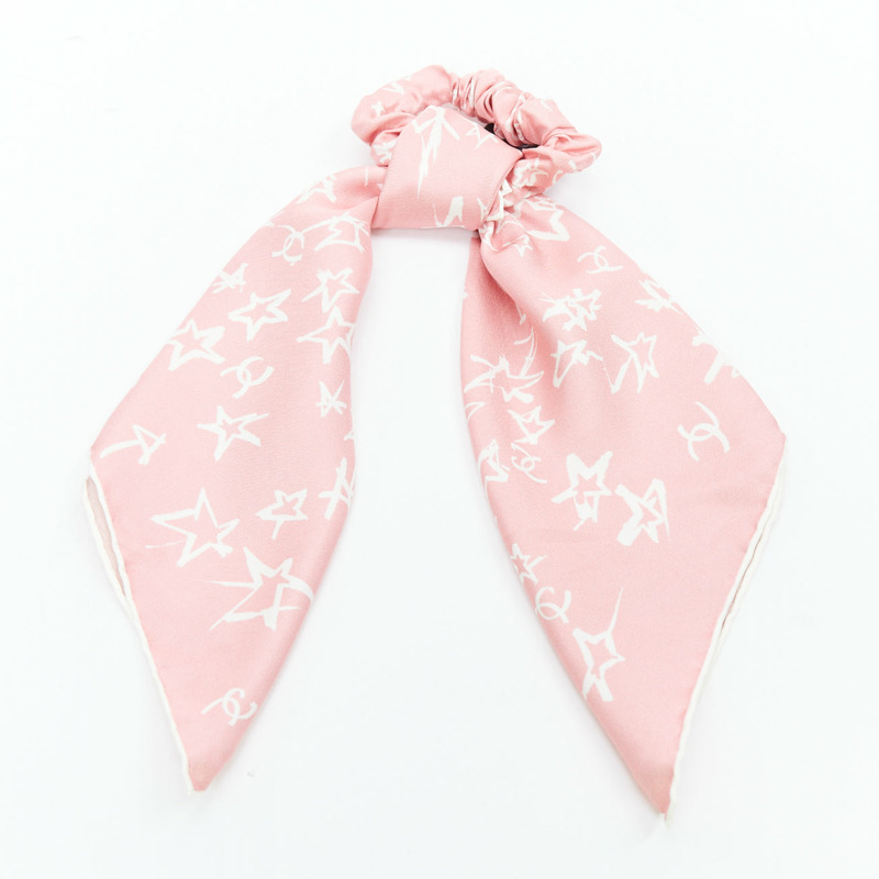 CHANEL 2022 100% silk pink white CC star print hair ribbon scrunchie-0