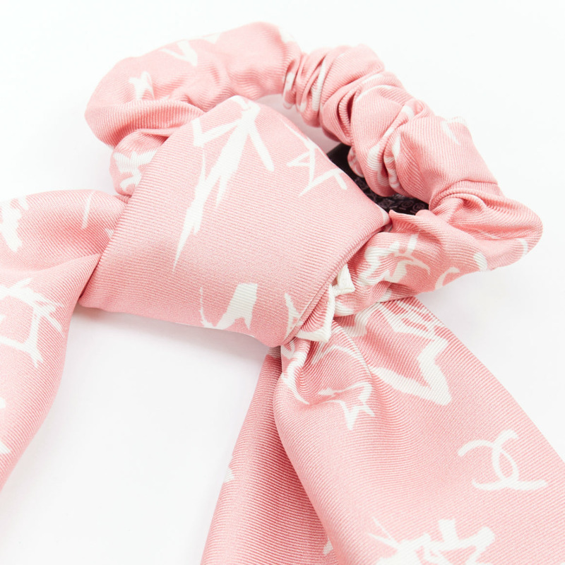 CHANEL 2022 100% silk pink white CC star print hair ribbon scrunchie-1
