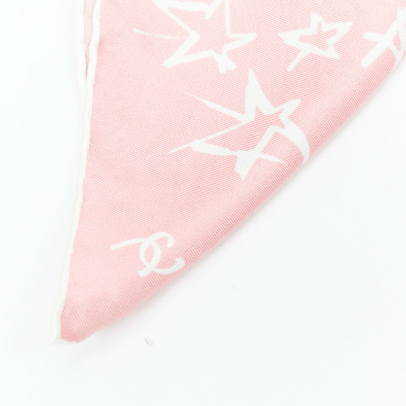 CHANEL 2022 100% silk pink white CC star print hair ribbon scrunchie-2