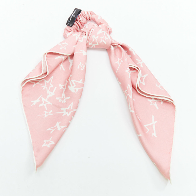CHANEL 2022 100% silk pink white CC star print hair ribbon scrunchie-3