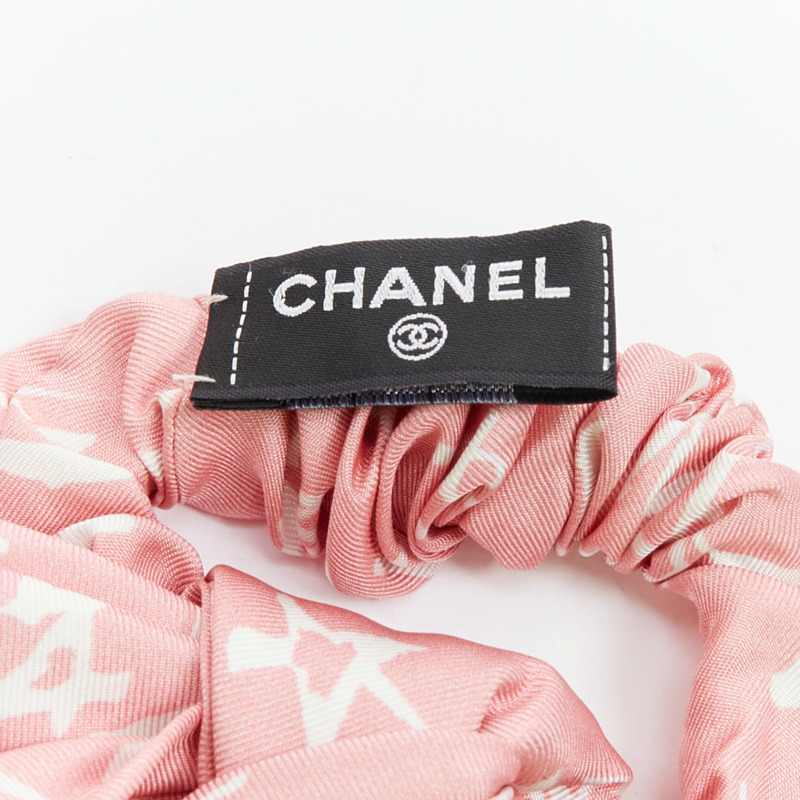 CHANEL 2022 100% silk pink white CC star print hair ribbon scrunchie-4