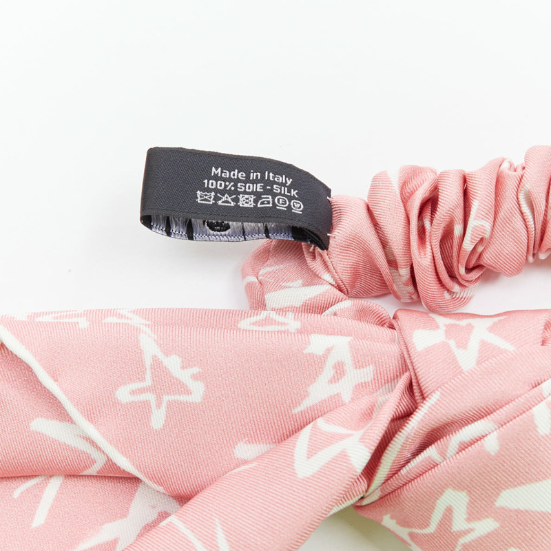CHANEL 2022 100% silk pink white CC star print hair ribbon scrunchie-5