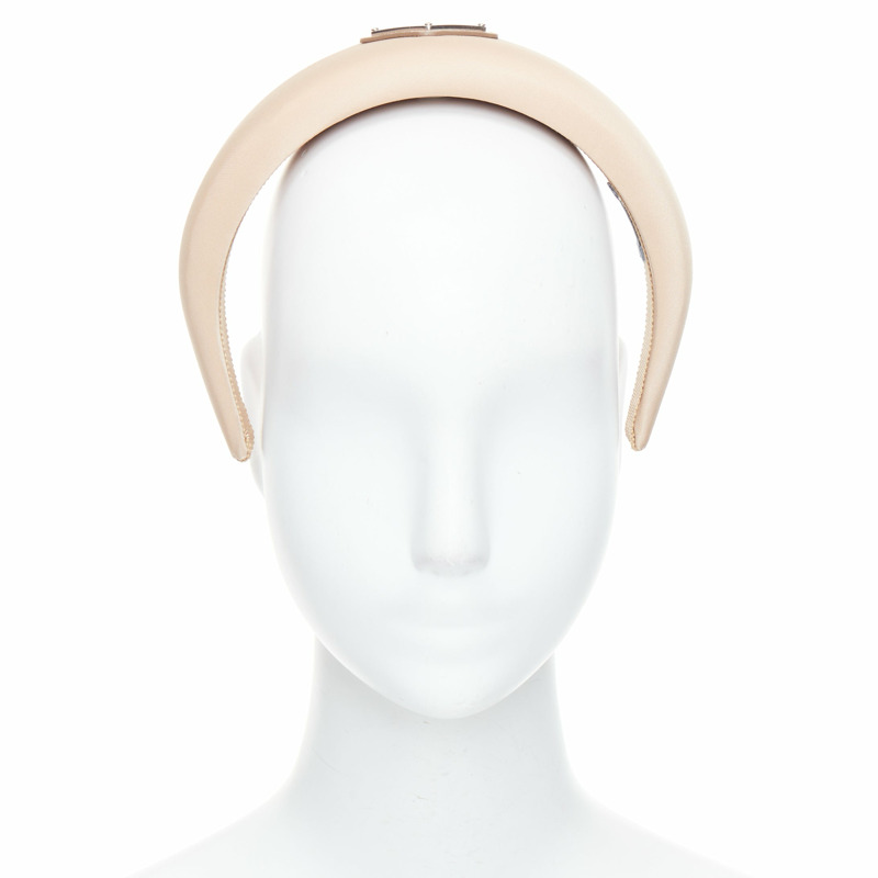 PRADA Triangle Metal Logo beige satin puffy Alice headband-0