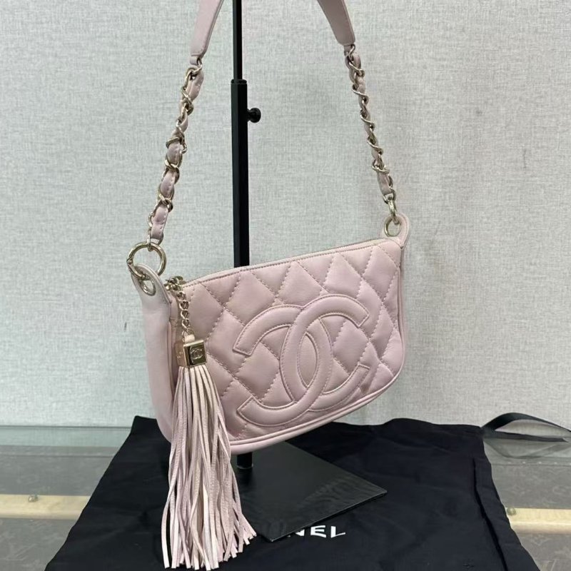 ✨CHANEL 櫻花粉金扣流蘇手提肩背包24*14*3 97新 配件塵袋-1