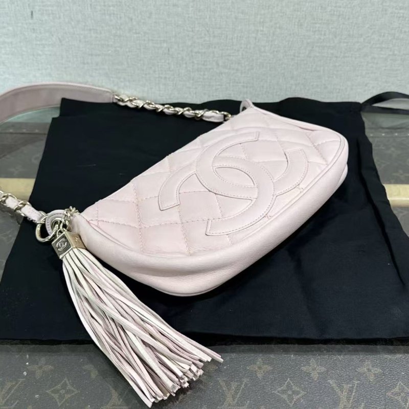 ✨CHANEL 櫻花粉金扣流蘇手提肩背包24*14*3 97新 配件塵袋-4