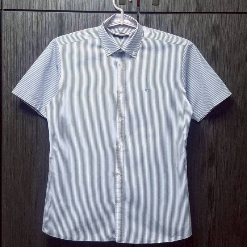正品BURBERRY 博柏利 LONDON 戰馬 男藍白條紋短袖襯衫M-0