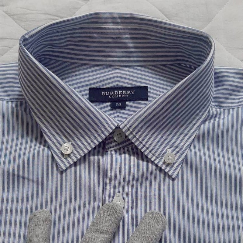 正品BURBERRY 博柏利 LONDON 戰馬 男藍白條紋短袖襯衫M-2