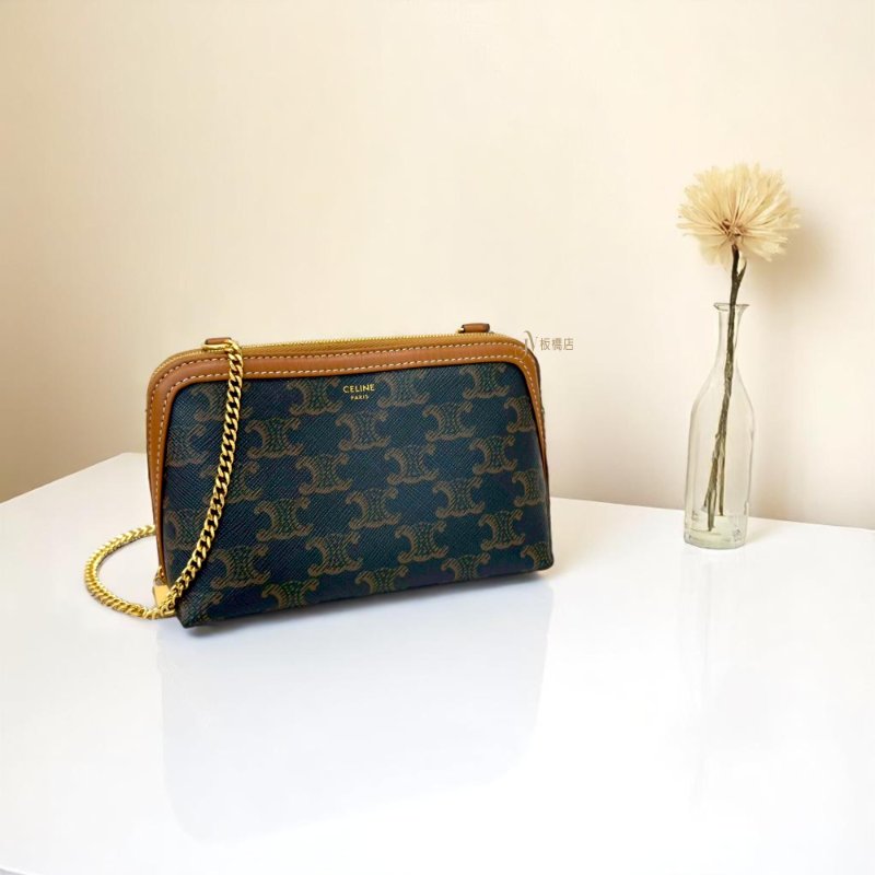 CELINE 棕色老花羊皮金鍊貝殼包-0