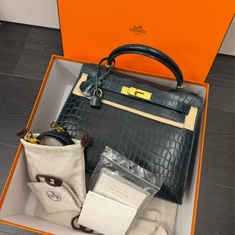 Hermes Kelly Sellier 28 凱莉包松柏綠兩點鱷魚皮-0