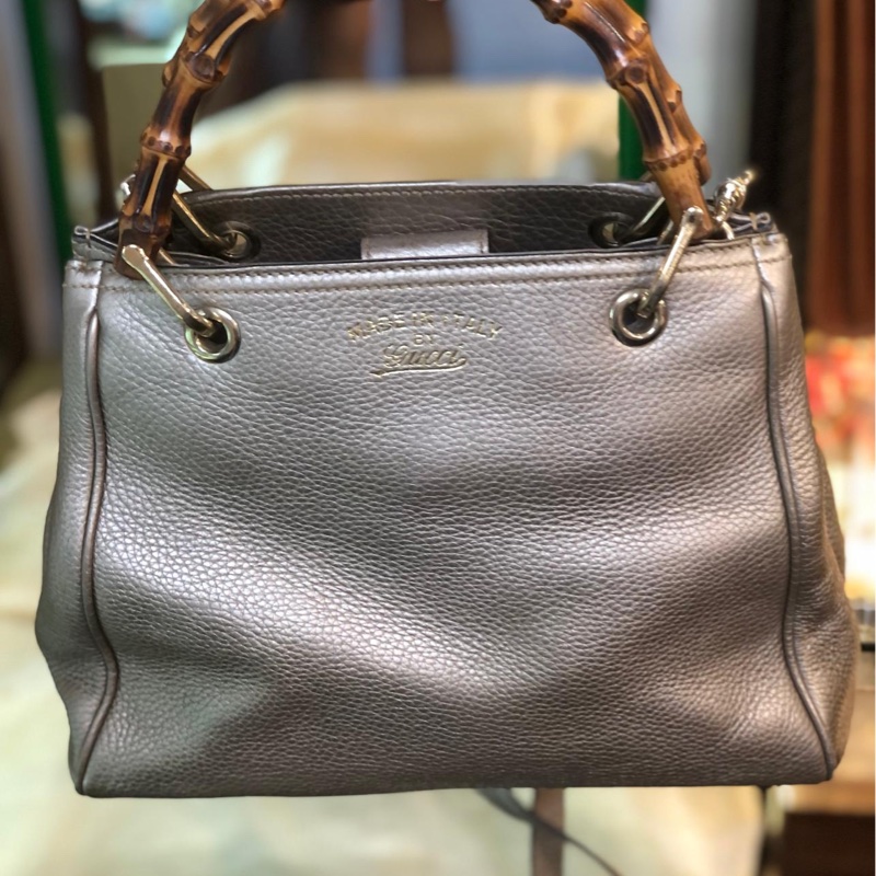 Gucci Metallic Beige Leather Bamboo Tote-0