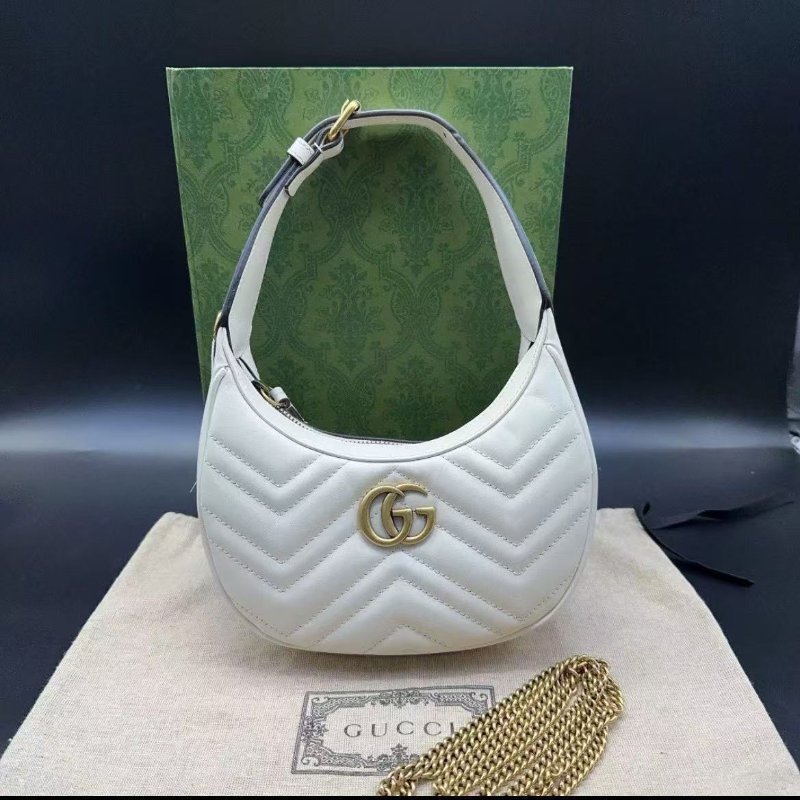 GUCCI 白色月亮包 hobo 有鍊條可斜背 21.5x5x11cm 配件盒子塵袋購證 全新-0